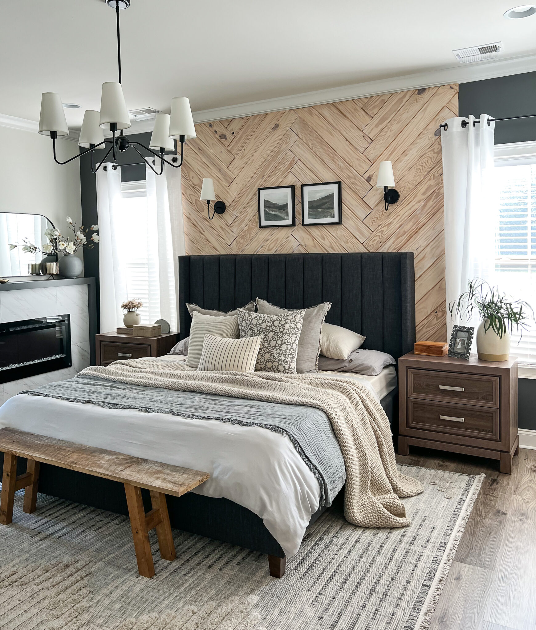 Master Bedroom Herringbone Accent Wall - Greene Acres Farmhouse